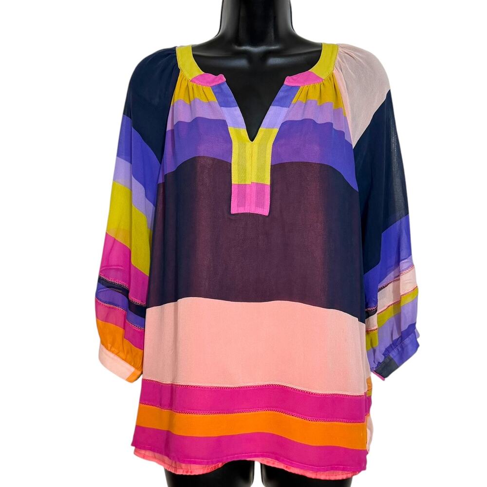 Trina Turk Striped Multicolor Lined Silk Keyhole Blouse Top Pink Orange Retro M